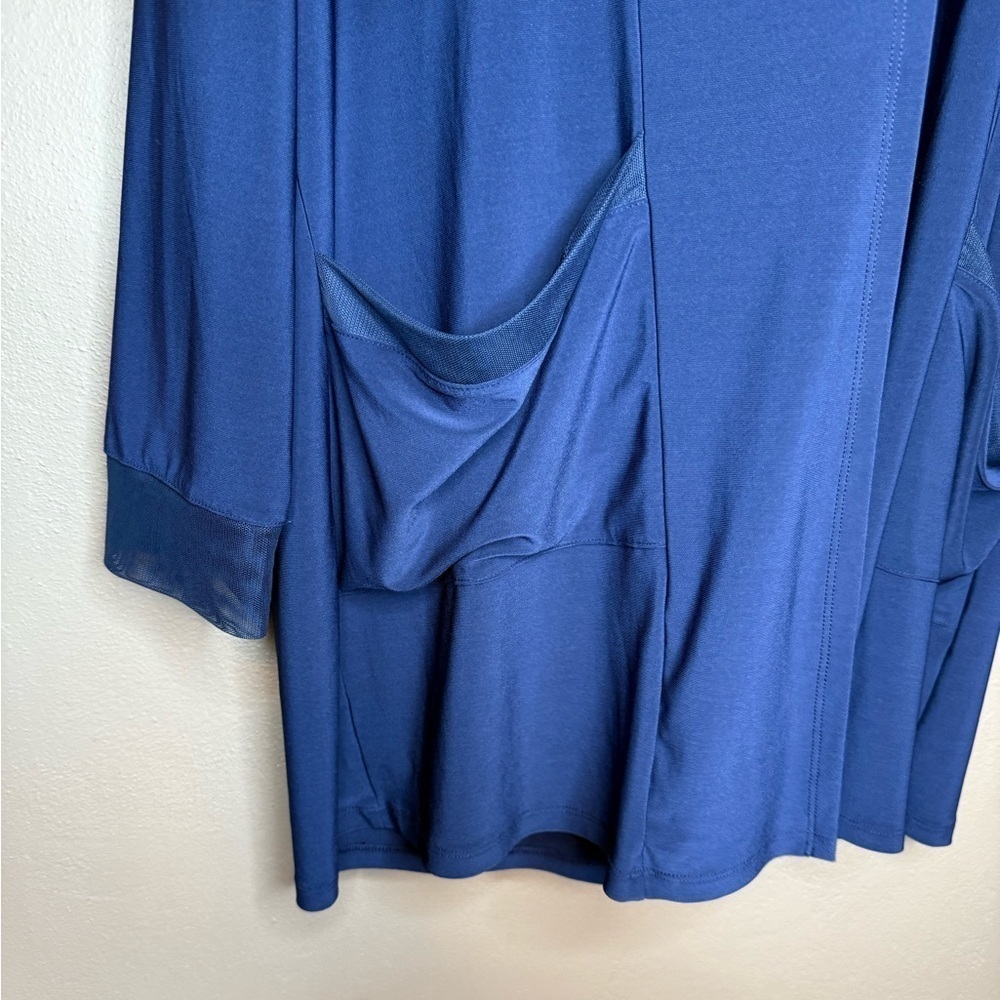 By JJ Navy Blue Duster Hooded Cardigan Size Large Flowy Pockets Long Sleeves - Picture 4 of 15